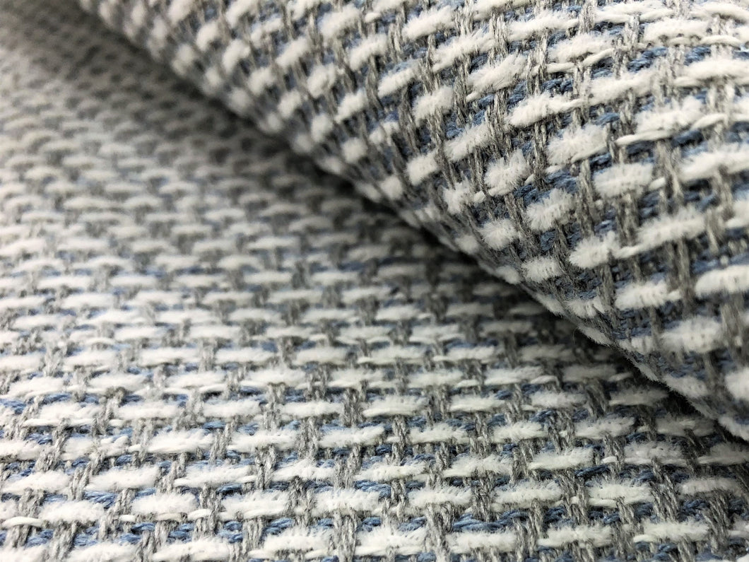 Designer Water & Stain Resistant Aqua Blue White Gray Grey Textured Woven MCM Mid Century Modern Upholstery Fabric