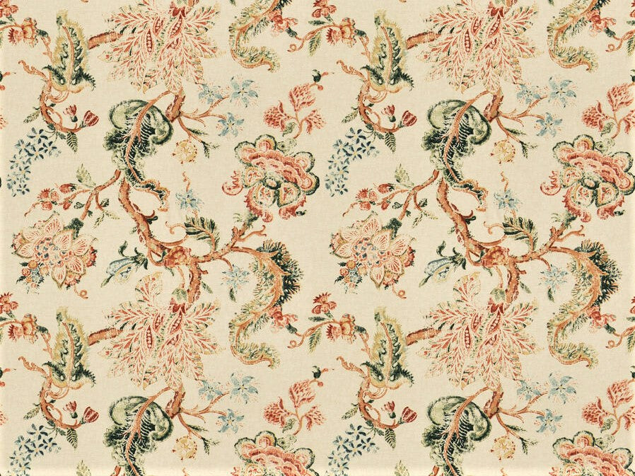Cotton Rayon Distressed Jacobean Floral Beige Green Rusty Red Blue Mustard Stain Resistant Upholstery Drapery Fabric