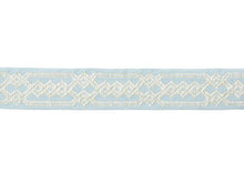 Load image into Gallery viewer, 2.125&quot; Wide Embroidered Aqua Blue Wheat Charcoal Teal Geometric Drapery Tape Trim