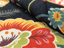 Load image into Gallery viewer, Pleasanties Fiesta Mill Creek Soil Repellent Black Coral Yellow Orange Teal Green Jacobean Floral Cotton Upholstery Drapery Fabric