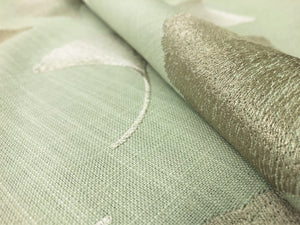 Braemore Textiles Maidenhair Mist Embroidered Ginkgo Leaves Botanical Seafoam Green Beige Linen Viscose Drapery Fabric