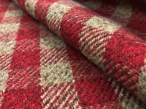 Designer Water & Stain Resistant Cranberry Red Beige Taupe Check Wool Upholstery Fabric