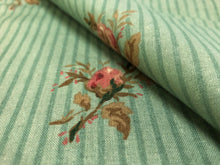 Load image into Gallery viewer, Cotton Screen Print Melissa by Portfolio Textiles Home Decorator Fabric Stripe Floral Pattern Sage Green Pink Brown Curtain Drapery