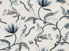 Load image into Gallery viewer, White Navy Aqua Blue Beige Embroidered Crewel Floral Drapery Fabric