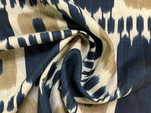 Load image into Gallery viewer, Remnant Schumacher Kandira Indigo Ikat Ethnic Geometric Navy Blue Beige Linen Fabric