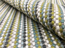 Load image into Gallery viewer, Designer Water &amp; Stain Resistant Woven Chartreuse Green Aqua Blue Grey White Geometric Upholstery Fabric