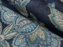 Load image into Gallery viewer, Navy Blue Turquoise Taupe Jacobean Floral Drapery Fabric