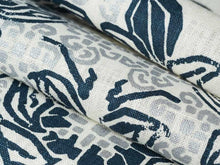 Load image into Gallery viewer, Indigo Blue Silver Grey Floral Medallion Linen Drapery Fabric