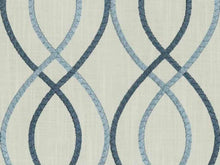 Load image into Gallery viewer, Cotton Poly Ivory Navy French Blue Trellis Embroidered Geometric Drapery Fabric