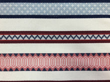 Load image into Gallery viewer, Designer Cream Navy Blue Red Burgundy Geometric Stripe Kilim Ethnic Tribal Upholstery Fabric WHS 5175