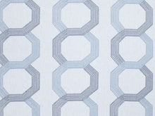Load image into Gallery viewer, Viscose Linen Off White Navy Blue Denim Embroidered Geometric Drapery Fabric