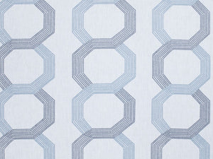 Viscose Linen Off White Navy Blue Denim Embroidered Geometric Drapery Fabric