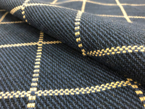 Reversible Designer Navy Blue Beige Woven Check Plaid Geometric Upholstery Drapery Fabric