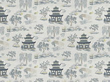 Load image into Gallery viewer, Linen Cotton Ivory Grey Lime Green Botanical Pagoda Chinoiserie Asian Drapery Fabric