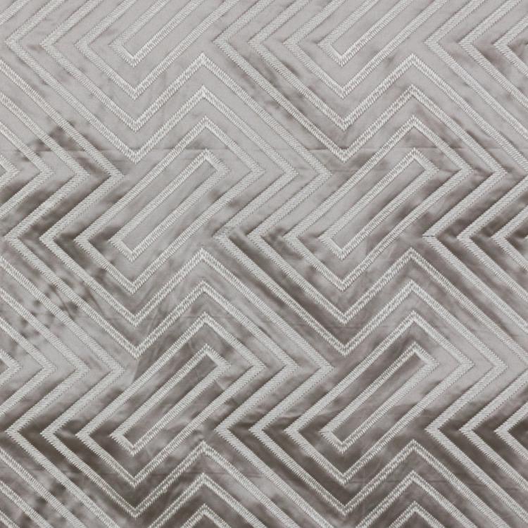 Kabuki Fret Gray Geometric Embroidered Drapery Fabric / Titanium
