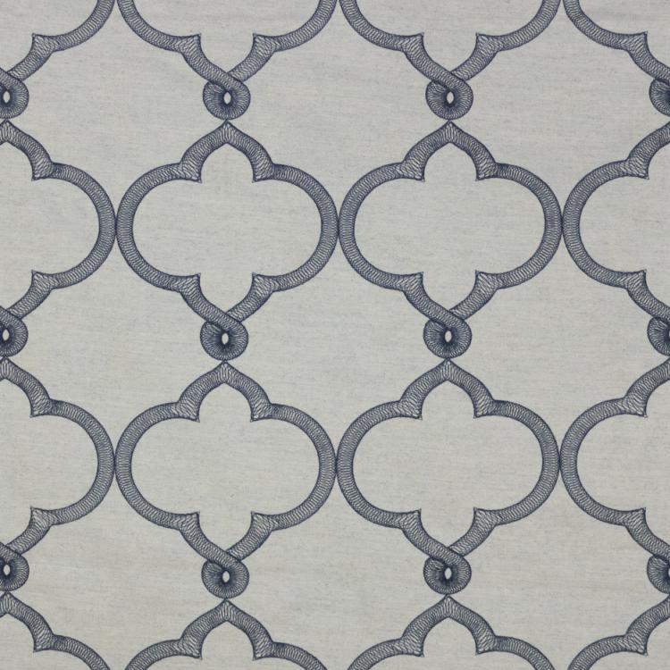 Tangier Navy Blue Embroidered Trellis Drapery Fabric / Stardust