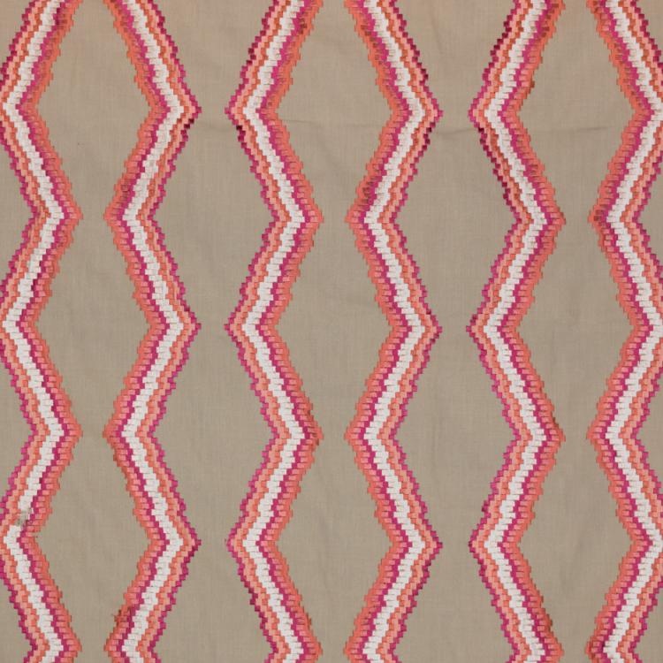 Tiberon Stripe Beige White Coral Red Geometric Embroidered Drapery Fabric / Coral