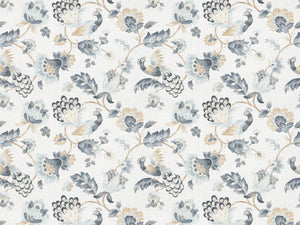 Linen Cotton Off White Steel Grey Blue Brown Taupe Jacobean Floral Bird Print Drapery Fabric