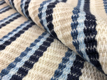 Load image into Gallery viewer, 1.75 Yard Designer Woven Navy Blue Aqua Beige Stripe Nautical Upholstery Drapery Fabric