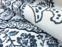 Load image into Gallery viewer, Designer Off White Navy Blue Embroidered Cotton Paisley Floral Drapery Fabric