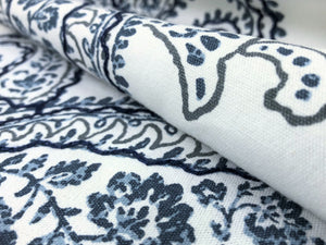 Designer Off White Navy Blue Embroidered Cotton Paisley Floral Drapery Fabric