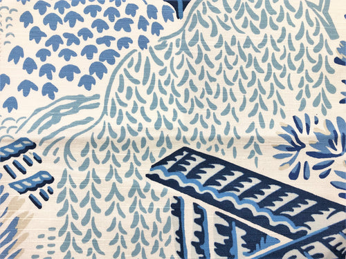 Cotton Linen Rayon Chinoiserie Off White Navy Blue Aqua Dragon Pagoda Upholstery Drapery Fabric