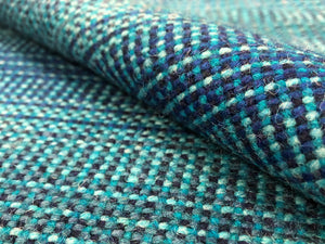 Designer Wool Water & Stain Resistant Teal Turquoise Royal Navy Blue Woven Stripe Check Kilim Upholstery Fabric