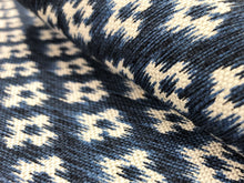 Load image into Gallery viewer, Navy Blue Beige Diamond Ikat Water &amp; Stain Resistant Ethnic Geometric Upholstery Fabric