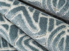Load image into Gallery viewer, Designer Aqua Blue Cream Abstract Geometric Ethnic Cut Velvet Upholstery Fabric