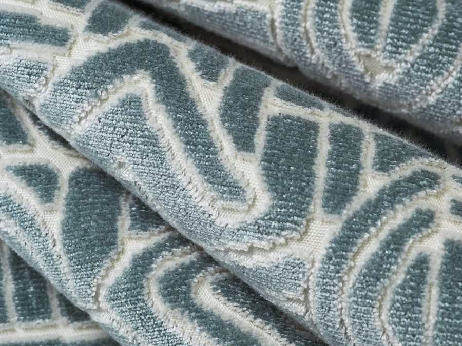Designer Aqua Blue Cream Abstract Geometric Ethnic Cut Velvet Upholstery Fabric