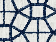 Load image into Gallery viewer, White Navy Blue Geometric Abstract Embroidered Drapery Fabric