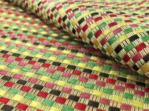 Yellow Wheat Lime Green Pink Red Brown Small Check Woven Geometric Upholstery Drapery Fabric