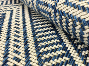 Schumacher Tortola Marine Navy Blue Off White Geometric Woven Indoor Outdoor Water Resistant Upholstery Fabric