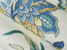 Load image into Gallery viewer, Ivory Yellow Gold Mustard Blue Teal Floral Drapery Fabric