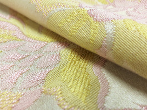 Cream Pastel Pink Yellow Botanical Floral Brocade Cotton Upholstery Drapery Fabric