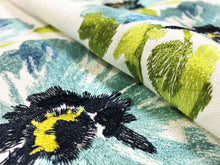Load image into Gallery viewer, Off White Aqua Blue Lime Green Navy Embroidered Floral Drapery Fabric