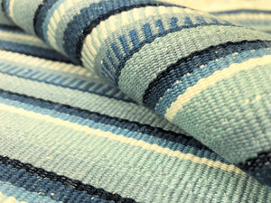 Schumacher Primavera Stripe Sea Stain Resistant Indoor Outdoor Nautical French Denim Navy Blue White Stripe Upholstery Drapery Fabric