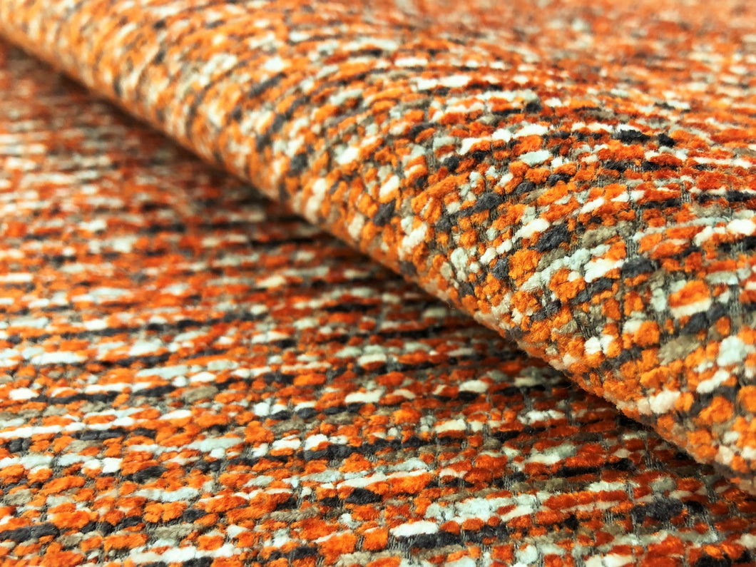 Designer Reversible Orange Gray Charcoal White Tweed MCM Chenille Upholstery Fabric