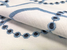 Load image into Gallery viewer, Ivory French Navy Blue Geometric Embroidered Trellis Drapery Fabric