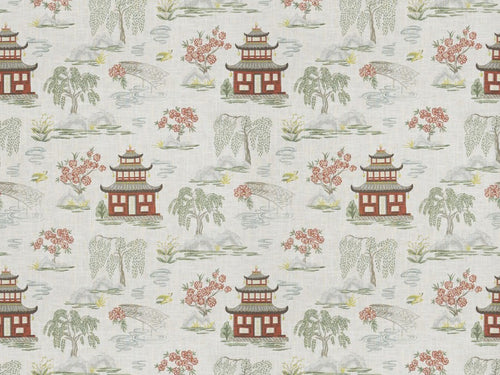 Linen Cotton Chinoiserie Ivory Green Taupe Coral Red Lime Drapery Fabric