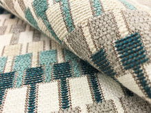 Load image into Gallery viewer, Villa Nova Shiko V3223/02 Tea Teal Aqua Blue Taupe Beige Off White Geometric Water &amp; Stain Resistant Upholstery Fabric