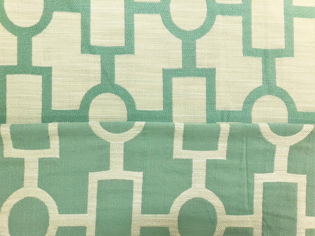 Reversible Aqua Cream Ivory Geometric Trellis Chinoiserie Upholstery Drapery Fabric