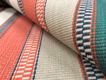 Load image into Gallery viewer, Sunbrella Ascend Tropical Water &amp; Stain Resistant Woven Coral Beige Denim Blue Teal Stripe Nautical Upholstery Fabric