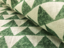 Load image into Gallery viewer, Designer Pyramids Block Printed Linen Green Off White Geometric Fabric