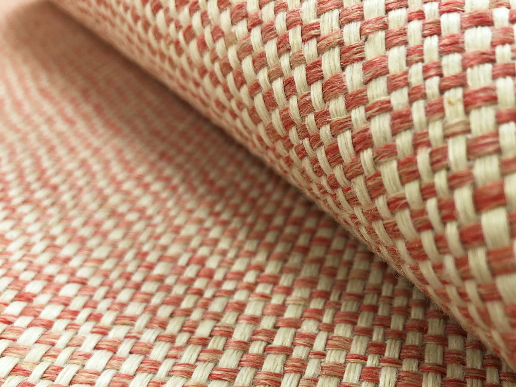 Designer Solution Dyed Acrylic Coral Pink Cream Woven Basketweave Tweed Water & Stain Resistant MCM Mid Century Modern Upholstery Fabric