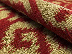 Designer Woven Rusty Red Beige Chenille Ethnic Tribal Geometric Ikat Water & Stain Resistant Upholstery Fabric