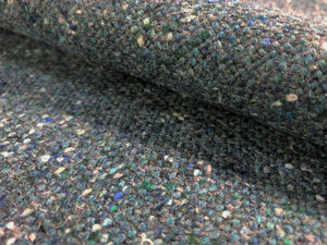 Designer British Wool Linen Mid Century Modern Speckled Steel Blue Teal Green Royal Blue Off White Upholstery Tweed Fabric