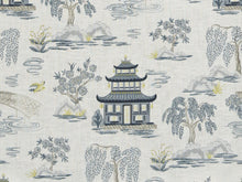 Load image into Gallery viewer, Linen Cotton Ivory Grey Lime Green Botanical Pagoda Chinoiserie Asian Drapery Fabric
