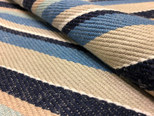 Load image into Gallery viewer, Schumacher Kiawah Stripe Indigo Belgian Flax Linen Nautical Beige Greige Navy Aqua White Stripe Upholstery Drapery Fabric