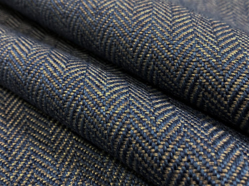 Designer Navy Blue Grey Small Scale Herringbone MCM Upholstery Drapery Fabric